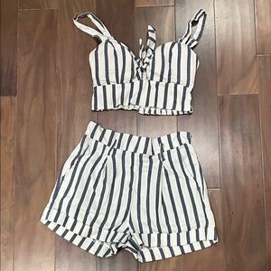 Haute Monde Navy and White Striped High Waist Shorts